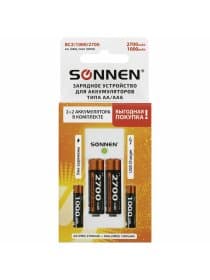 Зарядное устройство с аккумуляторами 4 шт. (2+2) AA+AAA (HR6+HR03), 2700 mAh + 1000 mAh, SONNEN (СОНЕН) BC2, 455005