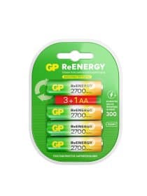 Батарейки аккумуляторные GP ReEnergy Ni-Mh КОМПЛЕКТ 4 шт. (ПРОМО 3+1), АА (HR6), 2600 mAh, 270AAHC3/1RGY, 270AAHC3/1RGY-2