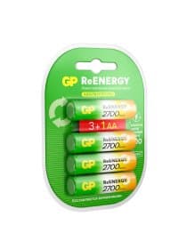 Батарейки аккумуляторные GP ReEnergy Ni-Mh КОМПЛЕКТ 4 шт. (ПРОМО 3+1), АА (HR6), 2600 mAh, 270AAHC3/1RGY, 270AAHC3/1RGY-2