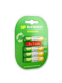 Батарейки аккумуляторные GP ReEnergy Ni-Mh КОМПЛЕКТ 4 шт. (ПРОМО 3+1), ААА (HR03), 950 mAh, 100AAAHC3/1RGY