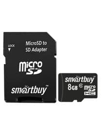 Карта памяти micro SDHC, 8 GB, SMARTBUY, 10 Мб/сек. (class 10), с адаптером, SB8GBSDCL10-01