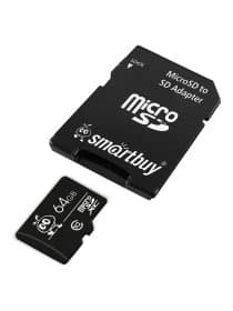 Карта памяти micro SDXC, 64 GB, SMARTBUY, 10 Мб/сек. (class 10), с адаптером, SB64GBSDCL10-01