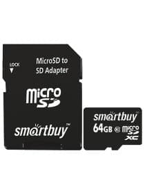 Карта памяти micro SDXC, 64 GB, SMARTBUY, 10 Мб/сек. (class 10), с адаптером, SB64GBSDCL10-01