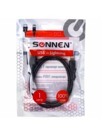 Кабель USB 2.0 – Lightning, 1 м, SONNEN, медь, для передачи данных и зарядки, черный, 513116