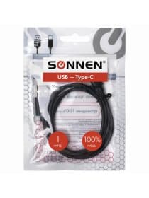 Кабель USB 2.0 – Type-C, 1 м, SONNEN, медь, для передачи данных и зарядки, черный, 513117