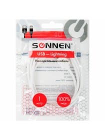 Кабель USB2.0 – Lightning, 1 м, SONNEN, медь, для передачи данных и зарядки, белый, 513559