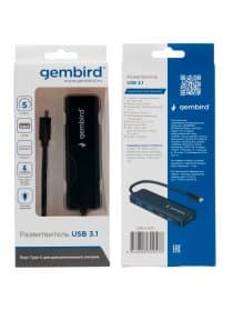 Хаб USB 3.1, 2xUSB, 2xType-C, с дополнительным питанием (Type-C), кабель Type-C 19 см, черный, GEMBIRD UHB-C425