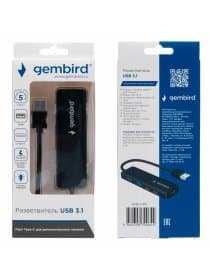 Хаб USB 3.1, 2хUSB, 2хType-C, с дополнительным питанием (Type-C), кабель USB 19 см, черный, GEMBIRD UHB-C415
