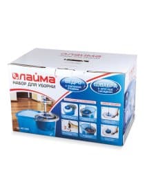 Швабра с отжимом и ведром 14л/5л, отжим центрифуга / рукоятка, 2 круглые насадки, крепление кольцо, синий, LAIMA, 601460
