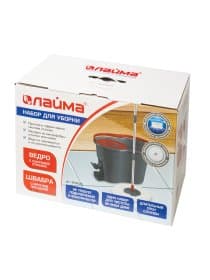 Швабра с отжимом и ведром 14л/7л, центрифуга отжим педалью, 2 круглые насадки, крепление кольцо, серо-красный, LAIMA, 603622