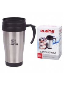 Автокружка 400 мл, термостакан с ручкой, винтовая крышка-клапан, пластик/сталь, серебро, LAIMA, 605126