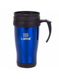 Автокружка 400 мл, термостакан с ручкой, винтовая крышка-клапан, пластик/сталь, синяя, LAIMA, 605128.
