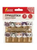 Прищепки декоративные "Котики", 10 штук, 3,5 см, ассорти, со шпагатом, ОСТРОВ СОКРОВИЩ, 662673