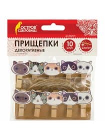 Прищепки декоративные "Котики", 10 штук, 3,5 см, ассорти, со шпагатом, ОСТРОВ СОКРОВИЩ, 662673