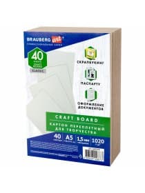 Картон переплетный, толщина 1,5 мм, А5 (148х210 мм), 1020 г\м2, НАБОР 40 шт., BRAUBERG ART, 665559