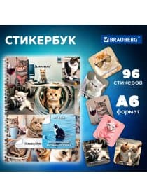 Стикербук ПРОСТО НАКЛЕЙ А6, 16 листов, 96 цветных стикеров, на гребне, BRAUBERG, "Коты мемы", 666050