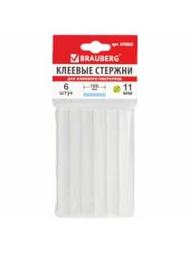 Клеевые стержни, диаметр 11 мм, длина 100 мм, прозрачные, комплект 6 шт., BRAUBERG, европодвес, 670293