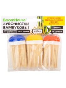 Зубочистки бамбуковые 450 штук, КОМПЛЕКТ 3 диспенсера по 150 штук, BOOMHOUSE (БУМХАУС), 701947