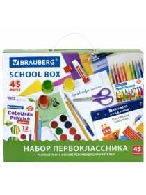 Набор школьных принадлежностей в подарочной коробке BRAUBERG "НАБОР ПЕРВОКЛАССНИКА", 45 предметов, 880122
