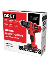 Дрель-шуруповерт аккумуляторная 12 В, Li-ion 1х1,3 Ач, 28 Нм, 11 БИТ В ПОДАРОК, DRET (ДРЕТ) ДША-12-1С, 671501