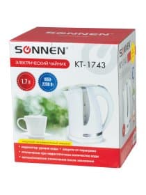 Чайник SONNEN KT-1743, 1,7 л, 2200 Вт, закрытый нагревательный элемент, пластик, белый, 453414