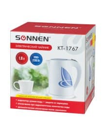 Чайник SONNEN KT-1767, 1,8 л, 2200 Вт, закрытый нагревательный элемент, пластик, белый/синий, 453416