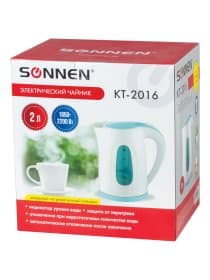 Чайник SONNEN KT-2016, 2 л, 2200 Вт, закрытый нагревательный элемент, пластик, белый/голубой, 453417