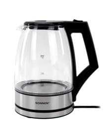 Чайник электрический SONNEN KT-1807, 1,8 л, 2200 Вт, термостойкое стекло, внутренняя подсветка синяя, нержавеющая сталь, 455140