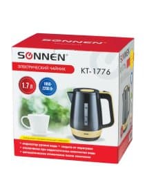 Чайник SONNEN KT-1776, 1,7 л, 2200 Вт, закрытый нагревательный элемент, пластик, черный/горчичный, 453418