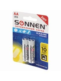 Батарейки КОМПЛЕКТ 2 шт., SONNEN Alkaline, АА (LR6, 15А), алкалиновые, пальчиковые, блистер, 451084