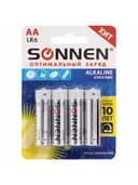 Батарейки КОМПЛЕКТ 4 шт., SONNEN Alkaline, АА (LR6, 15А), алкалиновые, пальчиковые, блистер, 451085
