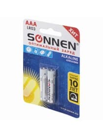 Батарейки КОМПЛЕКТ 2 шт., SONNEN Alkaline, AAA (LR03, 24А), алкалиновые, мизинчиковые, блистер, 451087