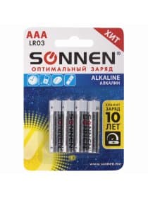 Батарейки КОМПЛЕКТ 4 шт., SONNEN Alkaline, AAA (LR03, 24А), алкалиновые, мизинчиковые, в блистере, 451088