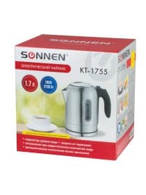 Чайник SONNEN KT-1755, 1,7 л, 2200 Вт, закрытый нагревательный элемент, нержавеющая сталь, 453419