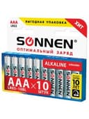 Батарейки КОМПЛЕКТ 10 шт, SONNEN Alkaline, AAA (LR03, 24А), алкалиновые, мизинчиковые, в коробке, 451089