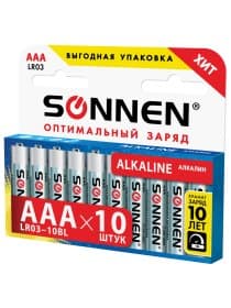 Батарейки КОМПЛЕКТ 10 шт, SONNEN Alkaline, AAA (LR03, 24А), алкалиновые, мизинчиковые, в коробке, 451089