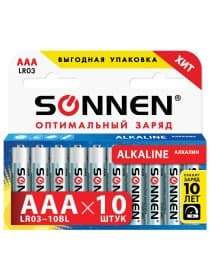 Батарейки КОМПЛЕКТ 10 шт, SONNEN Alkaline, AAA (LR03, 24А), алкалиновые, мизинчиковые, в коробке, 451089