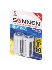 Батарейки КОМПЛЕКТ 2 шт., SONNEN Alkaline, С (LR14, 14А), алкалиновые, блистер, 451090