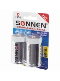 Батарейки КОМПЛЕКТ 2 шт, SONNEN Alkaline, D (LR20, 13А), алкалиновые, в блистере, 451091