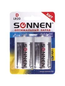 Батарейки КОМПЛЕКТ 2 шт, SONNEN Alkaline, D (LR20, 13А), алкалиновые, в блистере, 451091