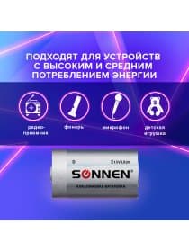 Батарейки КОМПЛЕКТ 2 шт, SONNEN Alkaline, D (LR20, 13А), алкалиновые, в блистере, 451091