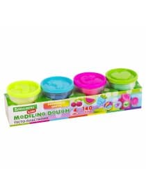 Пластилин-тесто для лепки BRAUBERG KIDS, 4 цвета, 560 г, яркие неоновые цвета, крышки-штампики, 106716