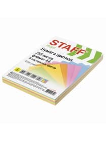 Бумага цветная STAFF, А4, 80 г/м2, 250 л., (5 цветов х 50 л.), пастель, для офиса и дома, 110890