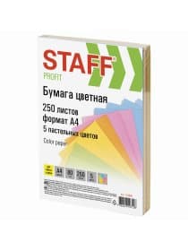 Бумага цветная STAFF, А4, 80 г/м2, 250 л., (5 цветов х 50 л.), пастель, для офиса и дома, 110890