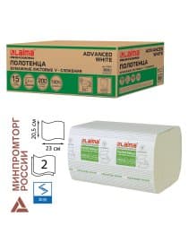 Полотенца бумажные 200 шт., LAIMA (H3) ADVANCED WHITE, 2-слойные, белые, КОМПЛЕКТ 15 пачек, 23х20,5, V-сложение, 111341