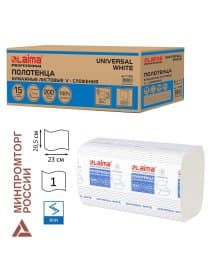 Полотенца бумажные 200 шт., LAIMA (H3) UNIVERSAL WHITE, 1-слойные, белые, КОМПЛЕКТ 15 пачек, 23x20,5, V-сложение, 111342