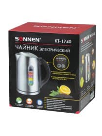 Чайник SONNEN KT-1740, 1,7 л, 2200 Вт, закрытый нагревательный элемент, терморегулятор, нержавеющая сталь, 453421