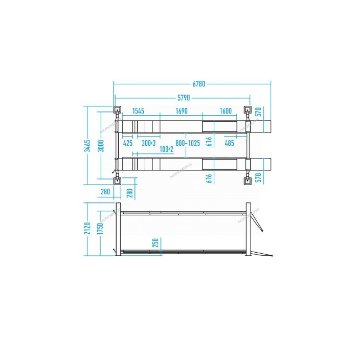 Подъемник четырехстоечный 5 т, с ручной траверсой 3 т N433, для сход-развала, электростопоры, серый NORDBERG 4450J_EG(M)