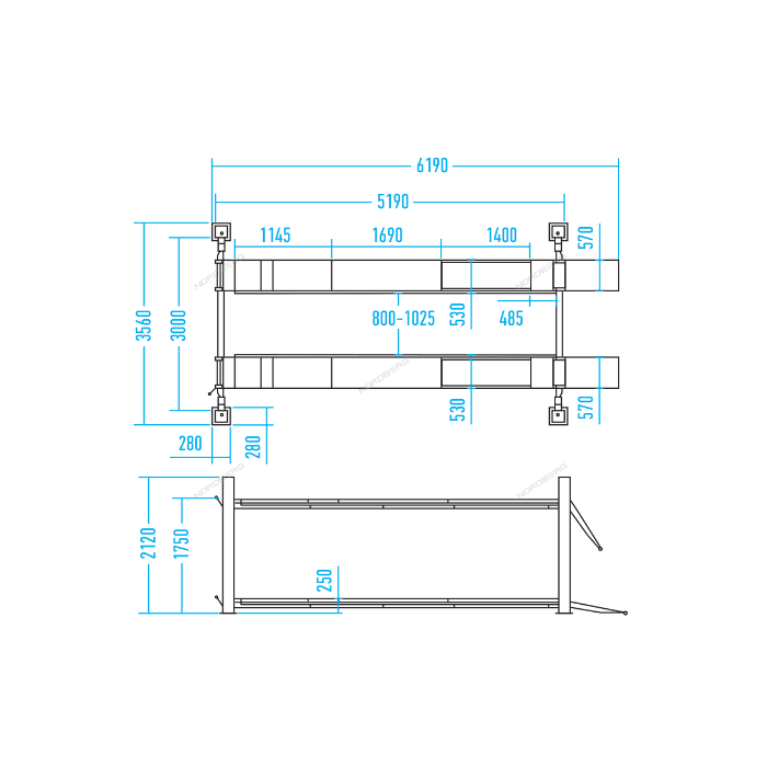 Подъемник четырехстоечный 5 т, с пневмогидравлической траверсой 3 т N433A, для сход-развала, синий NORDBERG 4450J_EB(A)