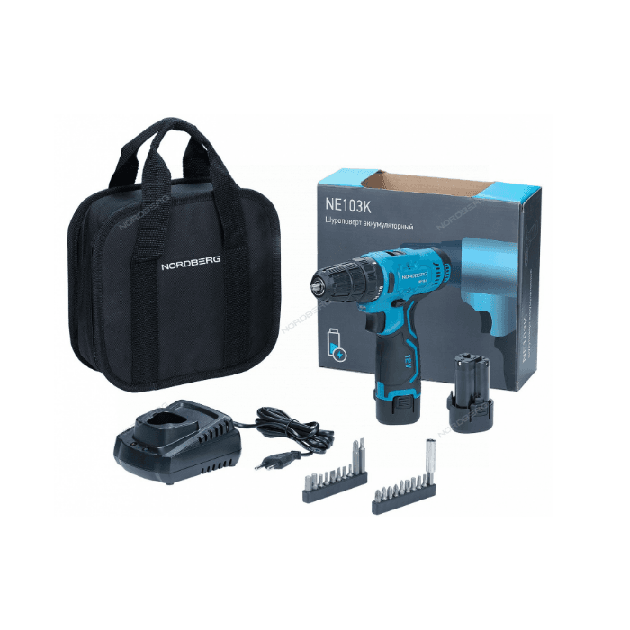 Шуруповерт аккумуляторный макс.диам. сверла 10 мм, 12 В, 30 Нм, 2 аккумулятора и зарядное устройство NORDBERG NE103K+NE9012